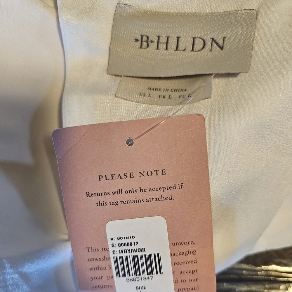 BHLDN Brynlee Mock-Neck 3/4 Sleeve Mini Dress w Pearl Accents, Ivory, LARGE